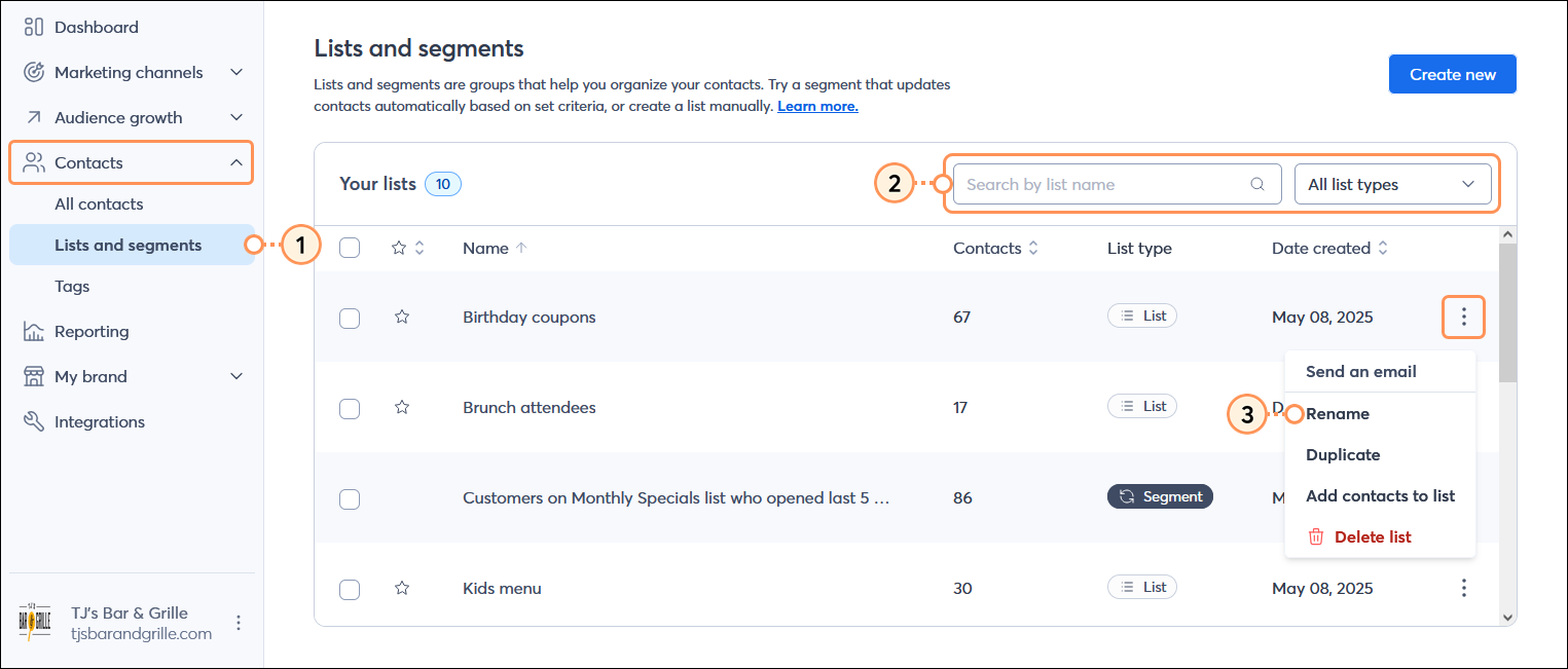 Contacts menu expanded with Lists and segments option selected, Lists and segments page with Your lists table, Search field and List types drop-down menu options, and list with menu expanded and Rename option selected