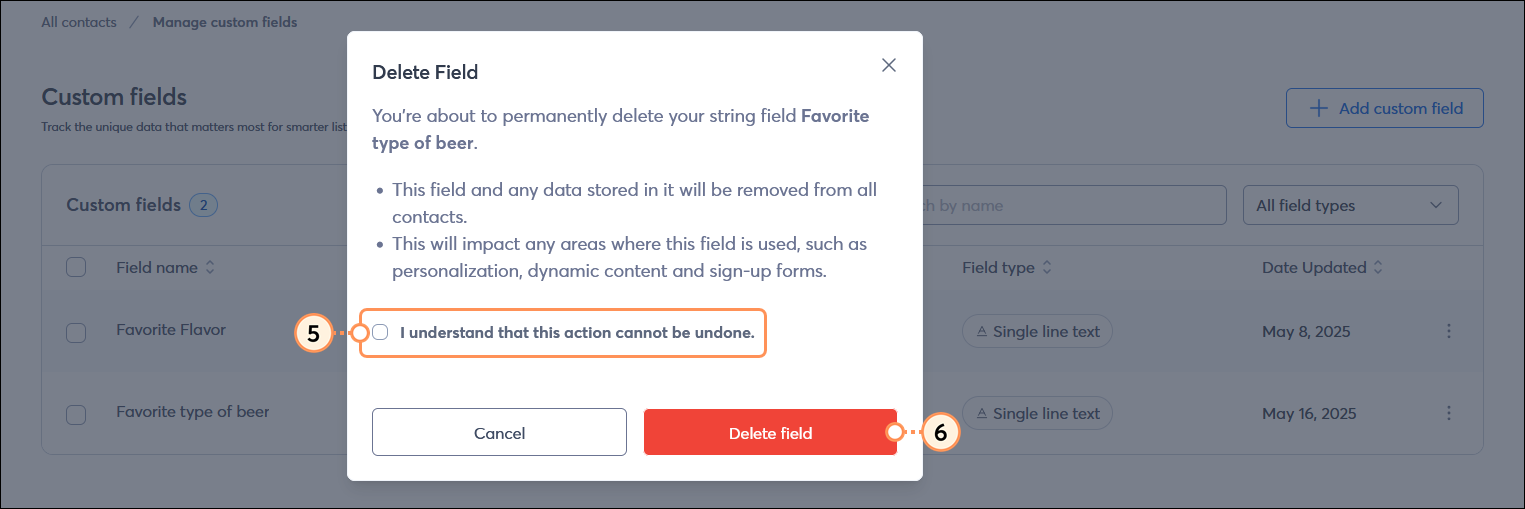 Delete field overlay with confirmation statement and check box, and Delete field button