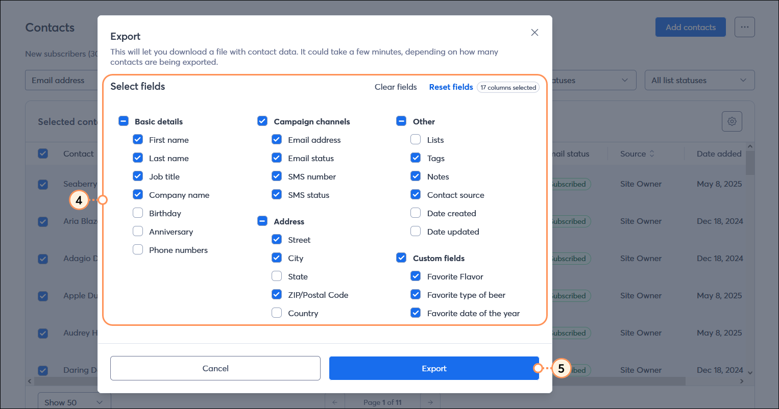 Export overlay with field options and Export button