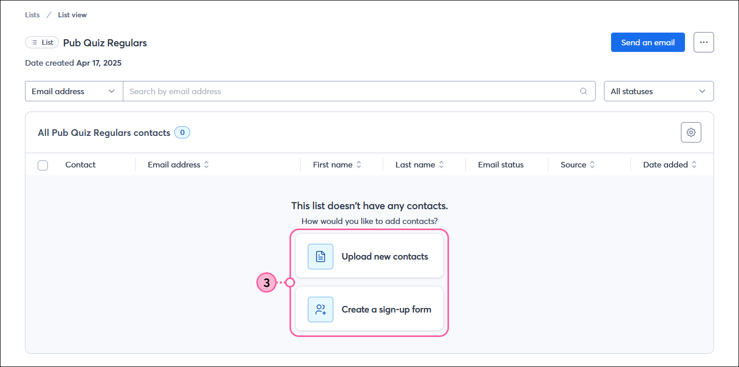 List view without any contacts and upload new contacts button and Create a sign-up form button
