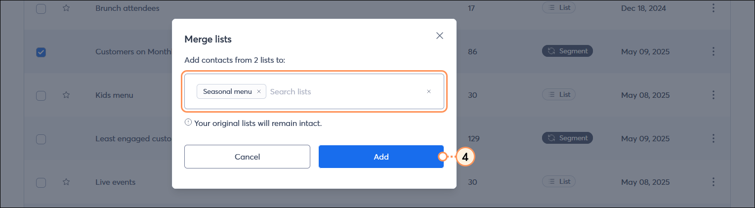 Merge lists overlay with Search field and new list selected, and Add button