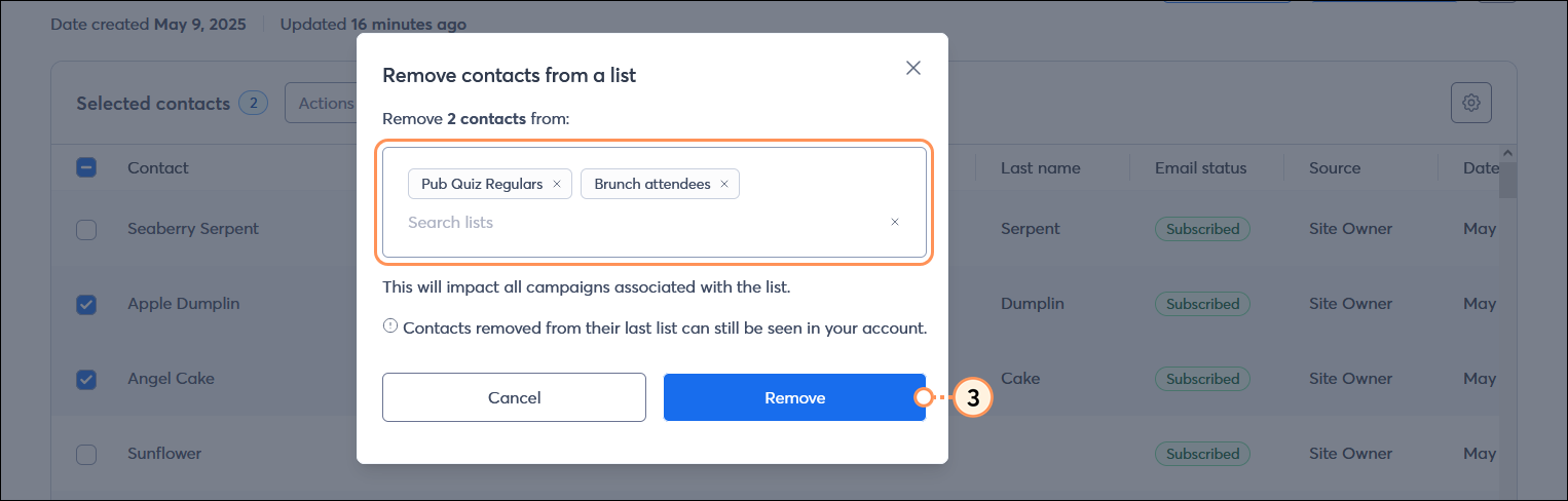 remove contacts from a list overlay with Search lists field with lists selected, and Remove button