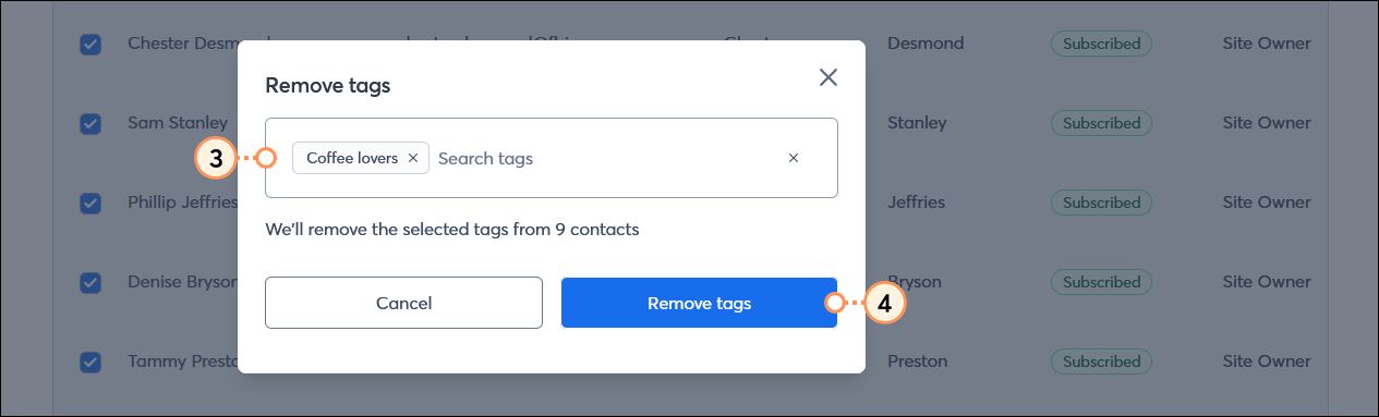 Remove tags overlay with Search tags field with tag selected, and Remove tags button