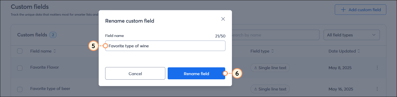 Rename custom field overlay with Field name field, and Rename field button