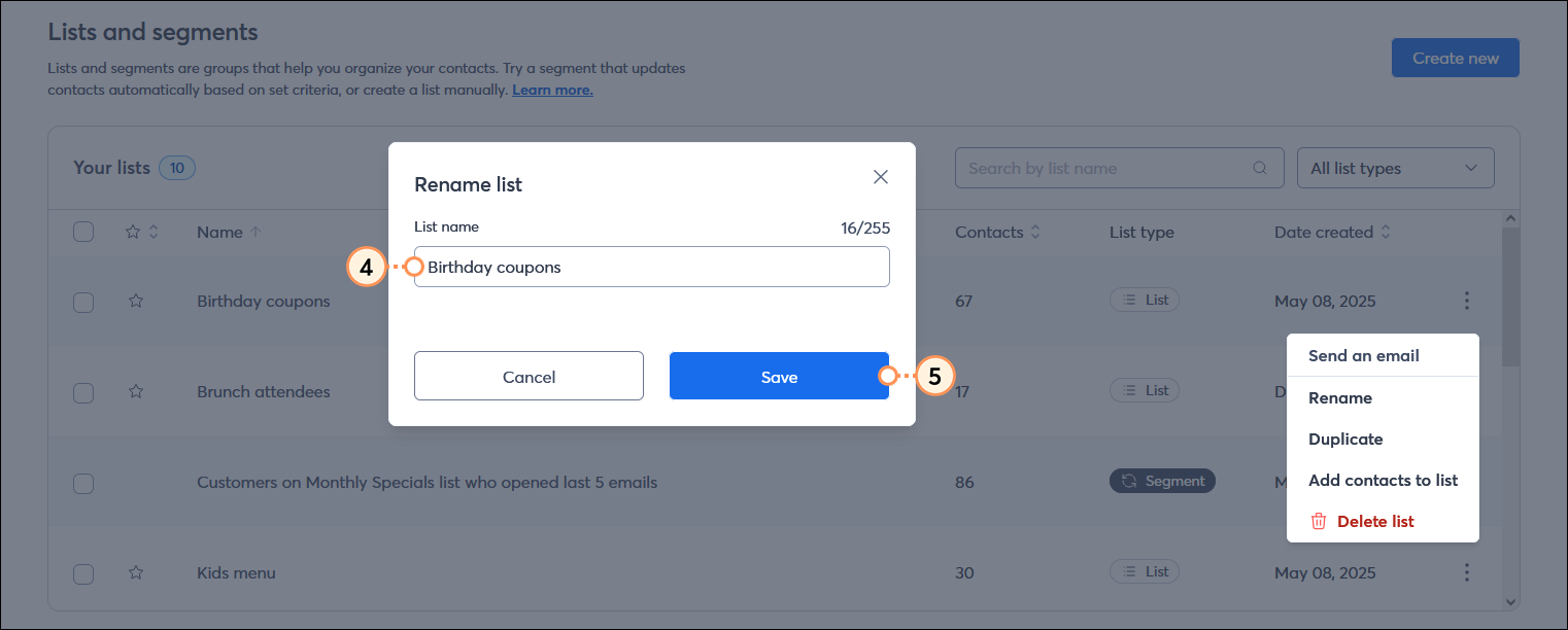 Rename list overlay with List name field and Save button