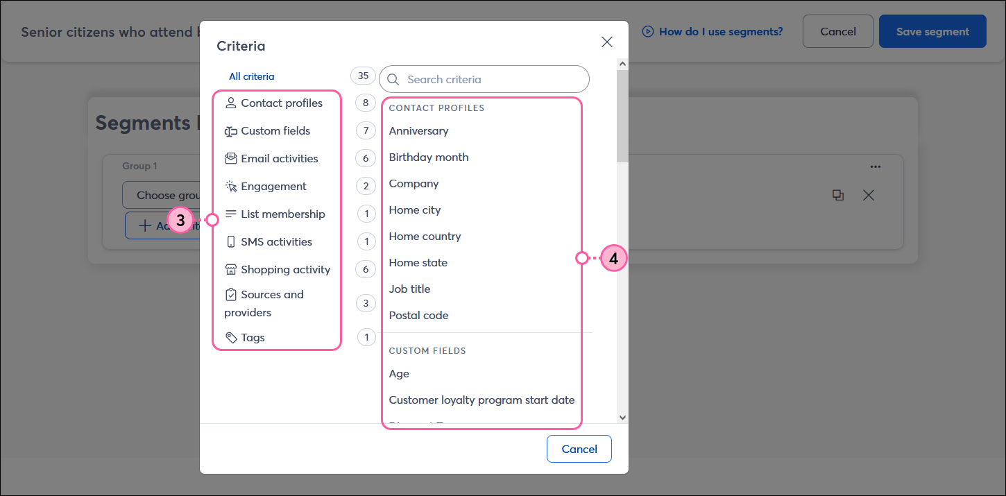 Criterial overlay with all criteria categories and options visible with Search criteria field and scrollbar