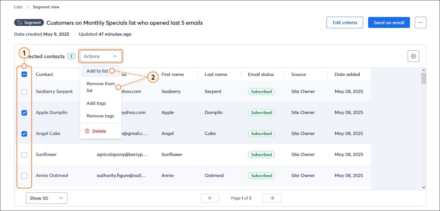 Segment view with All segment contacts table with multiple contacts selected, Actions menu expanded and Add to list option and Remove from list option