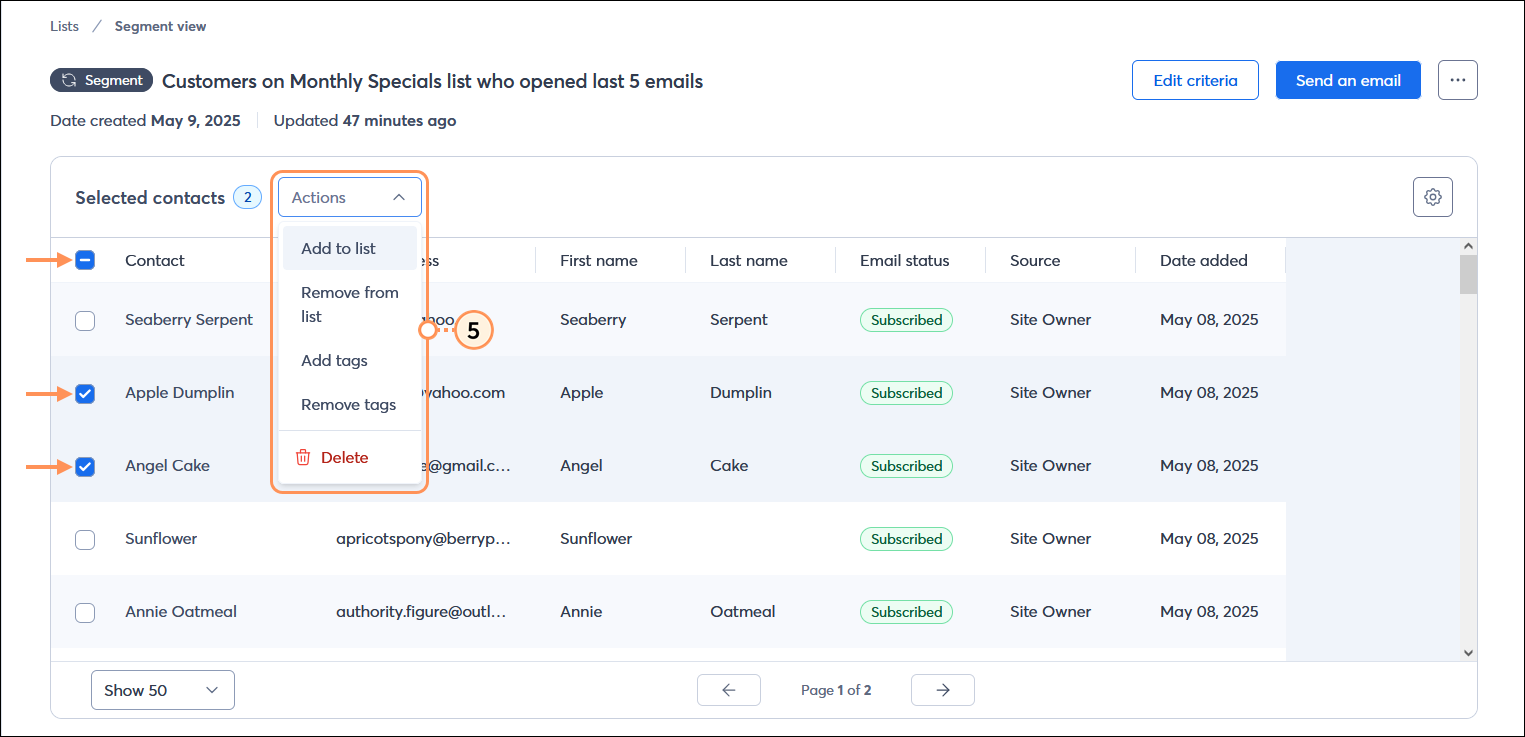 Segment view with All segment contacts table with multiple contacts selected, Actions menu expanded with Add to list, Remove from list, Add tags, Remove tags, and Delete options