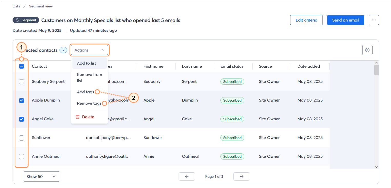 Segment view with All segment contacts table and multiple contacts selected, Actions drop-down menu expanded with Add tags and Remove tags options