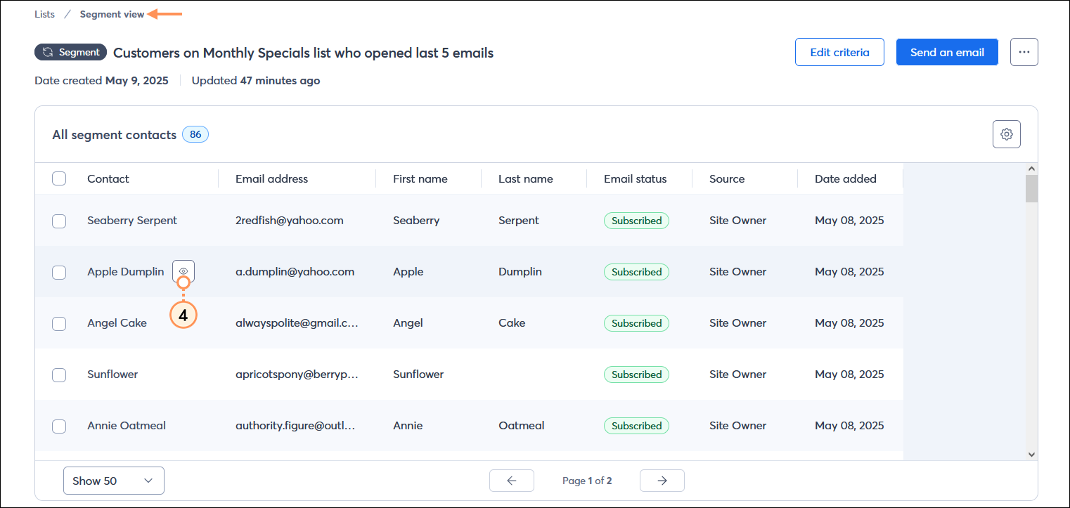 Segment view with All segment contacts table, contact with View button selected
