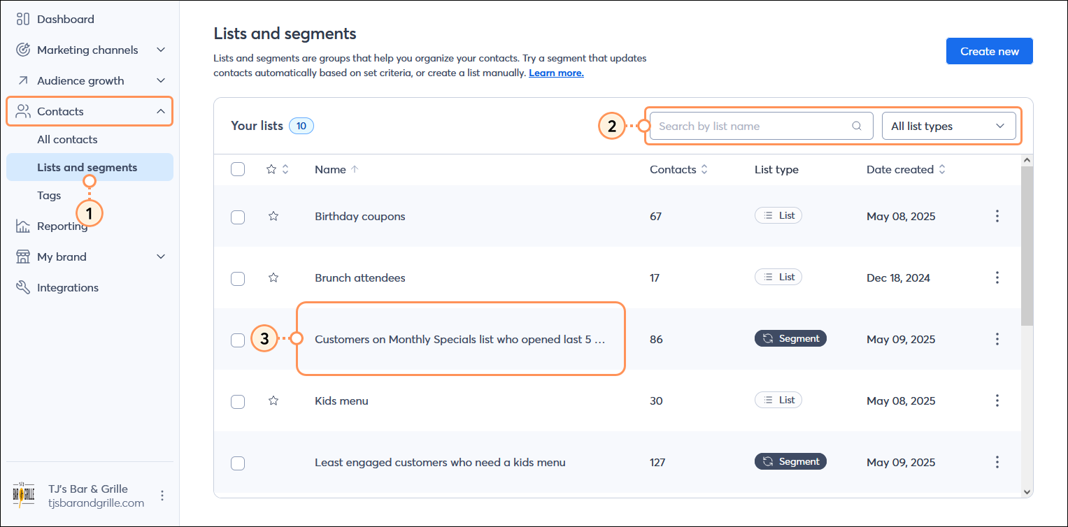 Contacts menu expanded with Lists and segments option selected, Your lists table with Search field and List type drop-down menu, Name column with segment selected