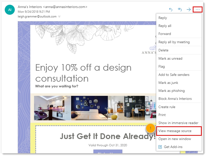 Outlook More Options View Message Source
