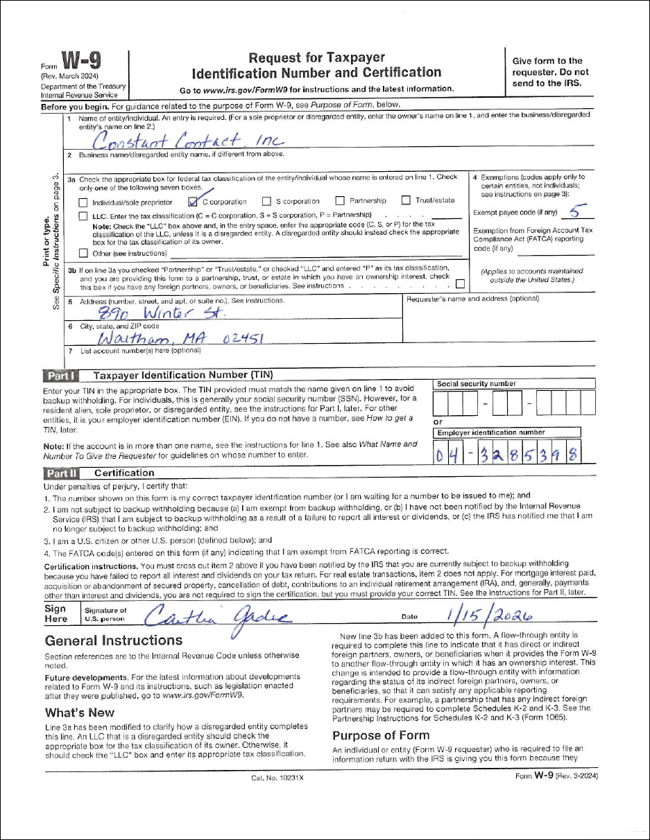 Image of Constant Contact W9 document