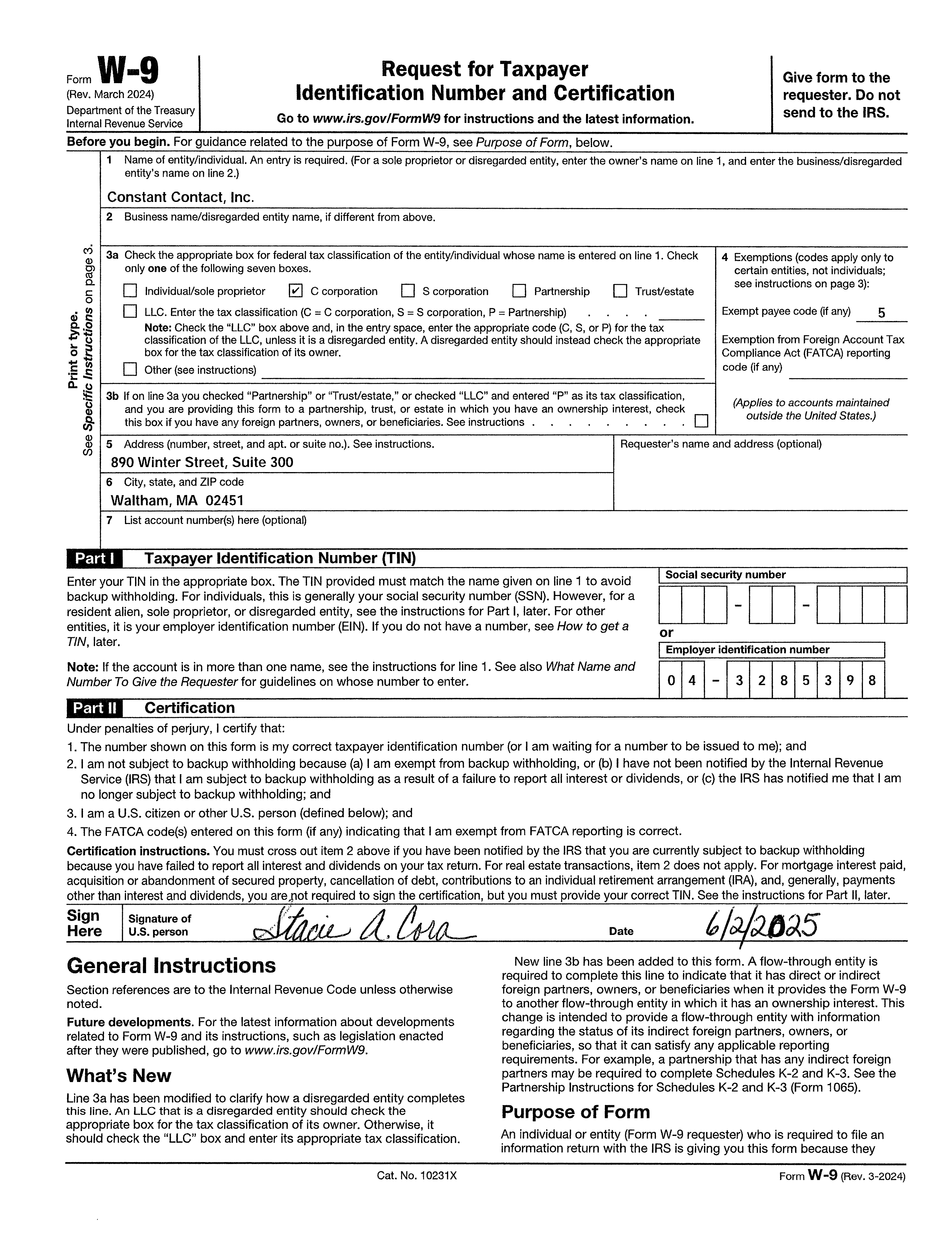 Image of Constant Contact W9 document