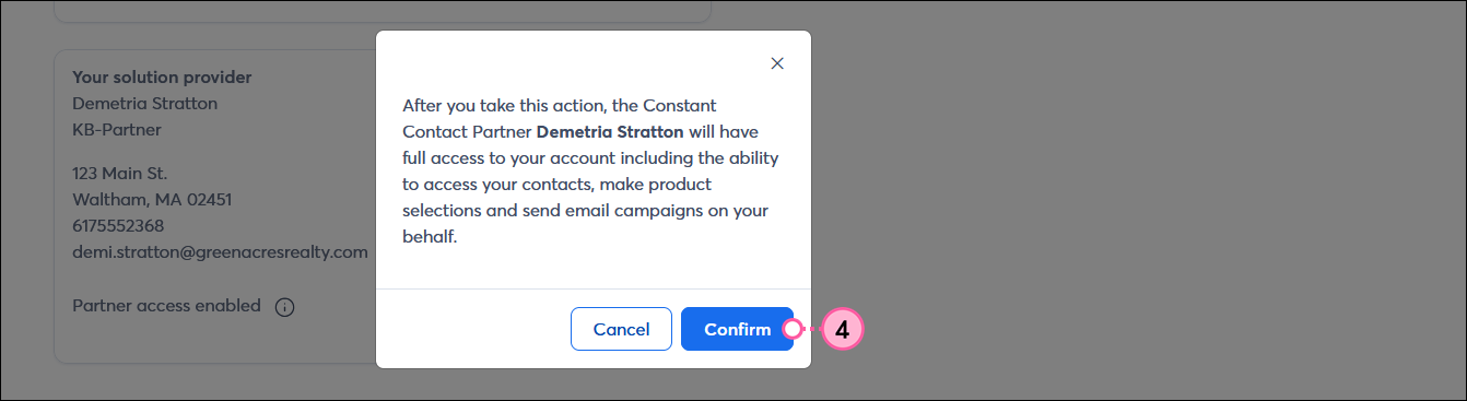 Partner access overlay with Confirm button