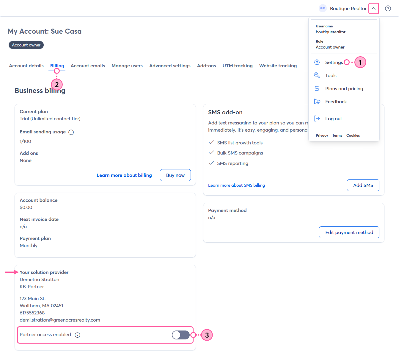 My Account page with Billing tab selected and account owner menu expanded and Settings option selected, Your solution provider section with Partner access enabled toggle