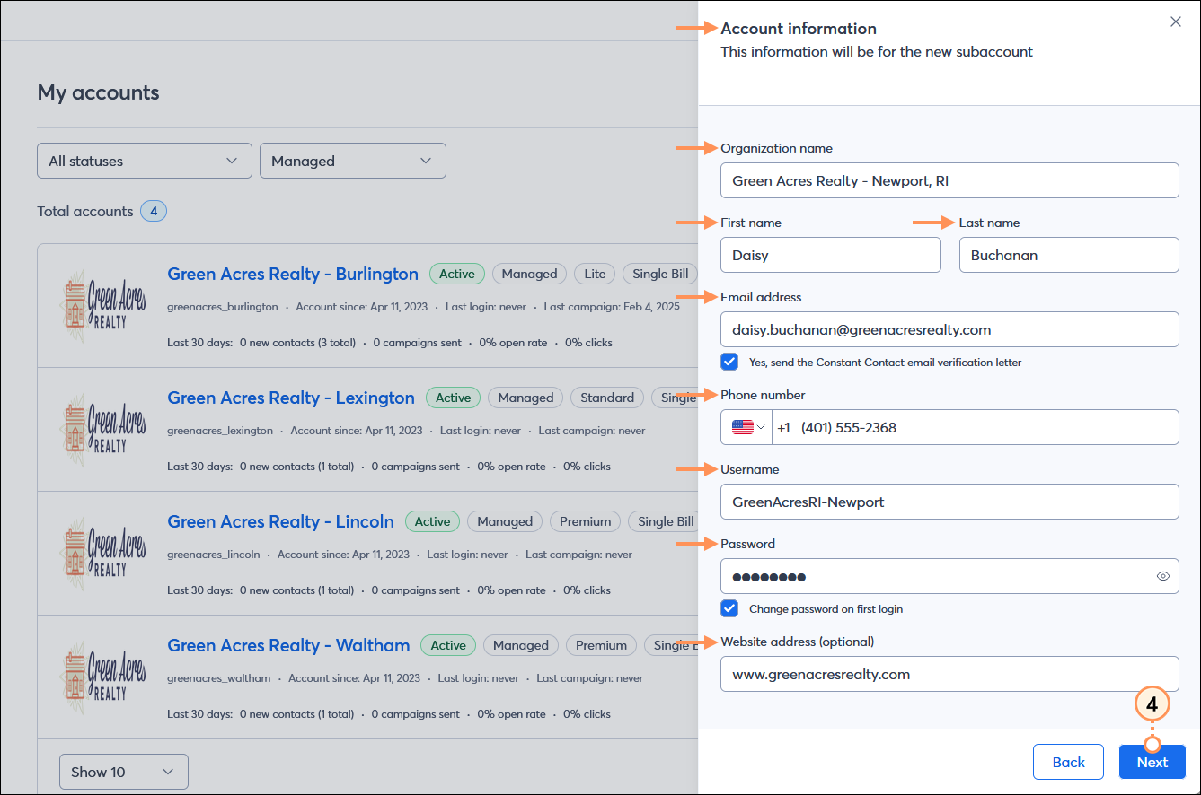 Account information panel displayed with Organization name, First name, Last name, and Email address fields, Yes, send the Constant Contact email verification letter option selected, Phone number, Username, and Password fields, Change password on first login option selected, Website address optional field, and Next button