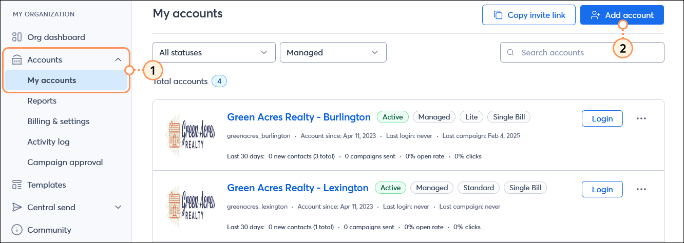 MY ORGANIZATION menu with Accounts menu expanded and My accounts option selected, My accounts dashboard with Add account button