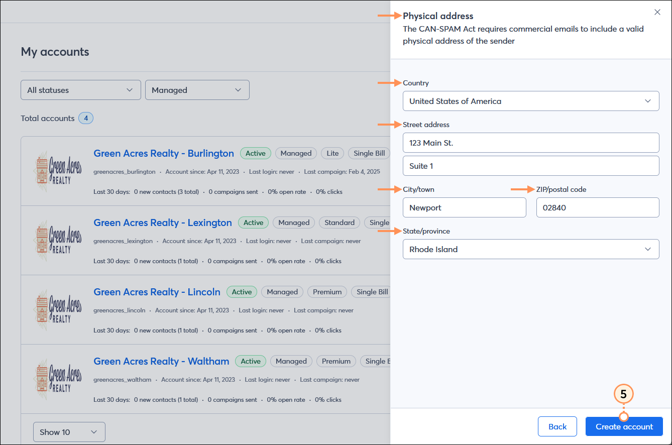 Physical address panel displayed with Country drop-down menu, Street address, City/town, and ZIP/postal code fields, State/province drop-down menu, and Create account button