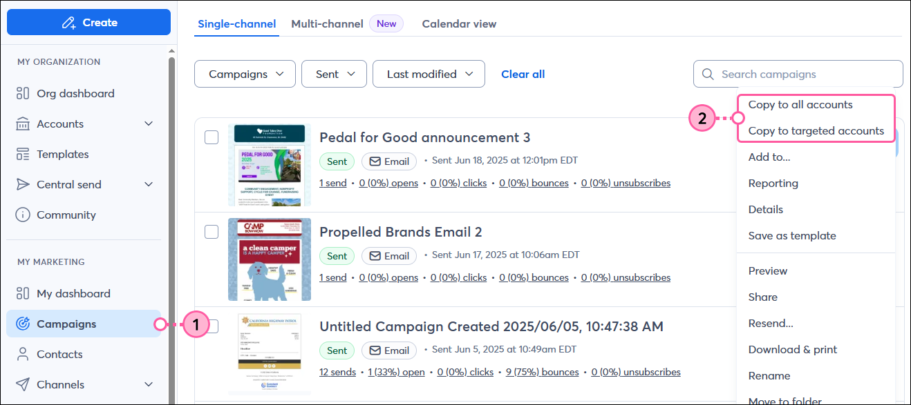 All Campaigns dashboard with landing page menu expanded and Copy to all accounts option and Copy to targeted accounts option