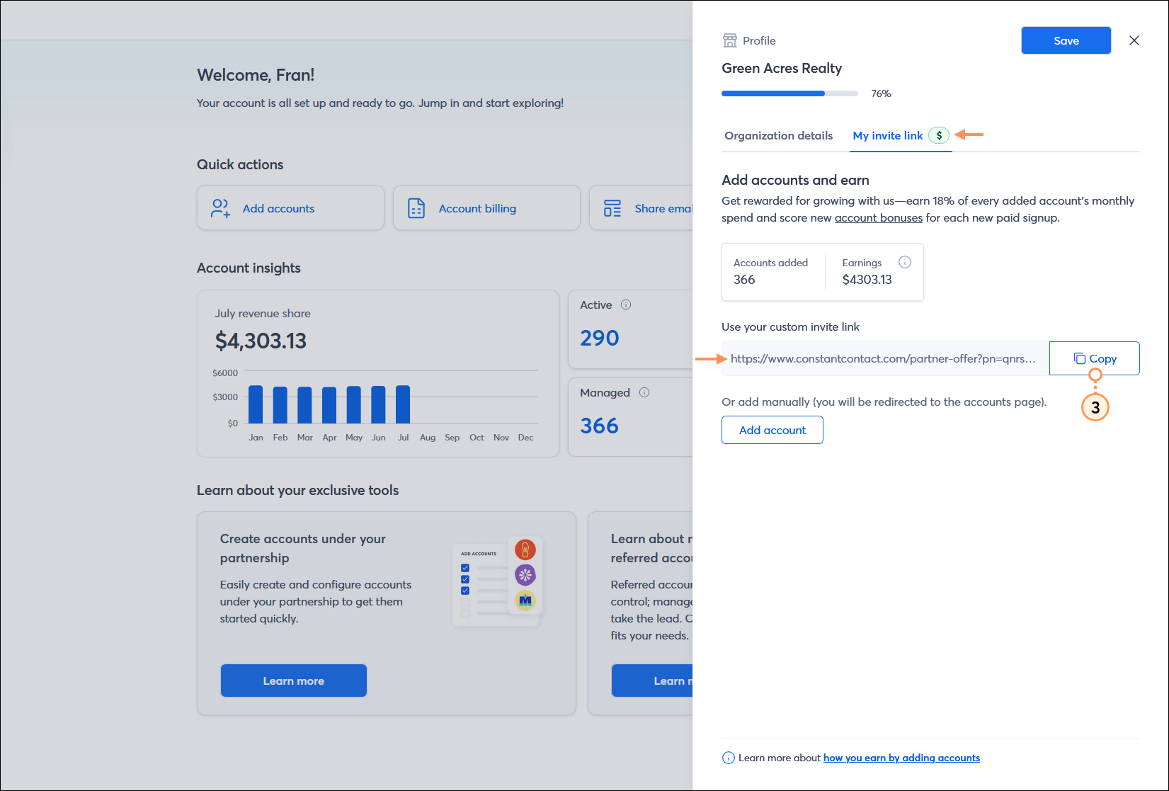 Profile overlay with My invite link tab selected, Use your custom invite link field and Copy button