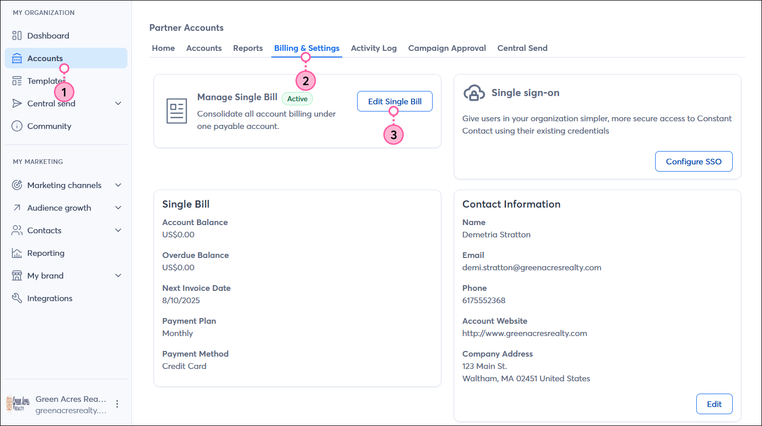 MY ORGANIZATION menu and Accounts tab, Billing & Settings tab, Mange Single Bill section with Edit Single Bill button