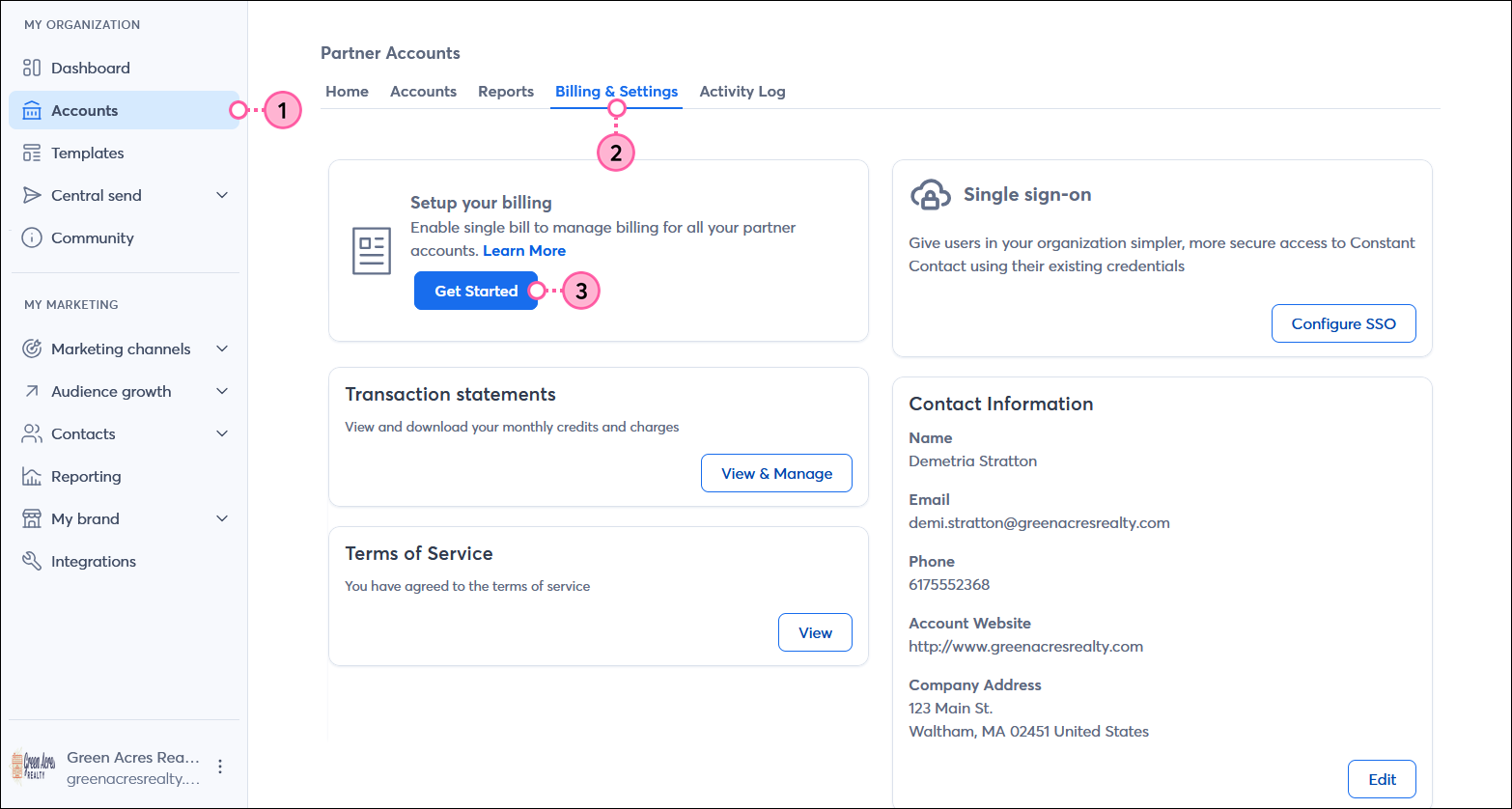 MY ORGANIZATION menu and Accounts tab, Billing & Settings tab, Setup your billing section with Get Started button