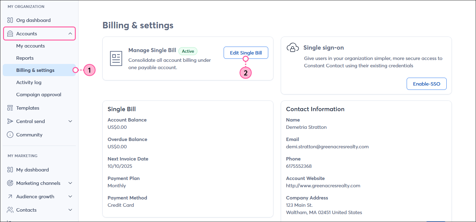 MY ORGANIZATION menu with Accounts menu expanded and Billing & settings option selected, Manage Single Bill section with Edit Single Bill button