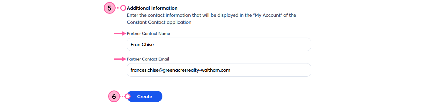 Single Bill Additional Information section with Partner Contact Name field, Partner Contact Email field, and Create button