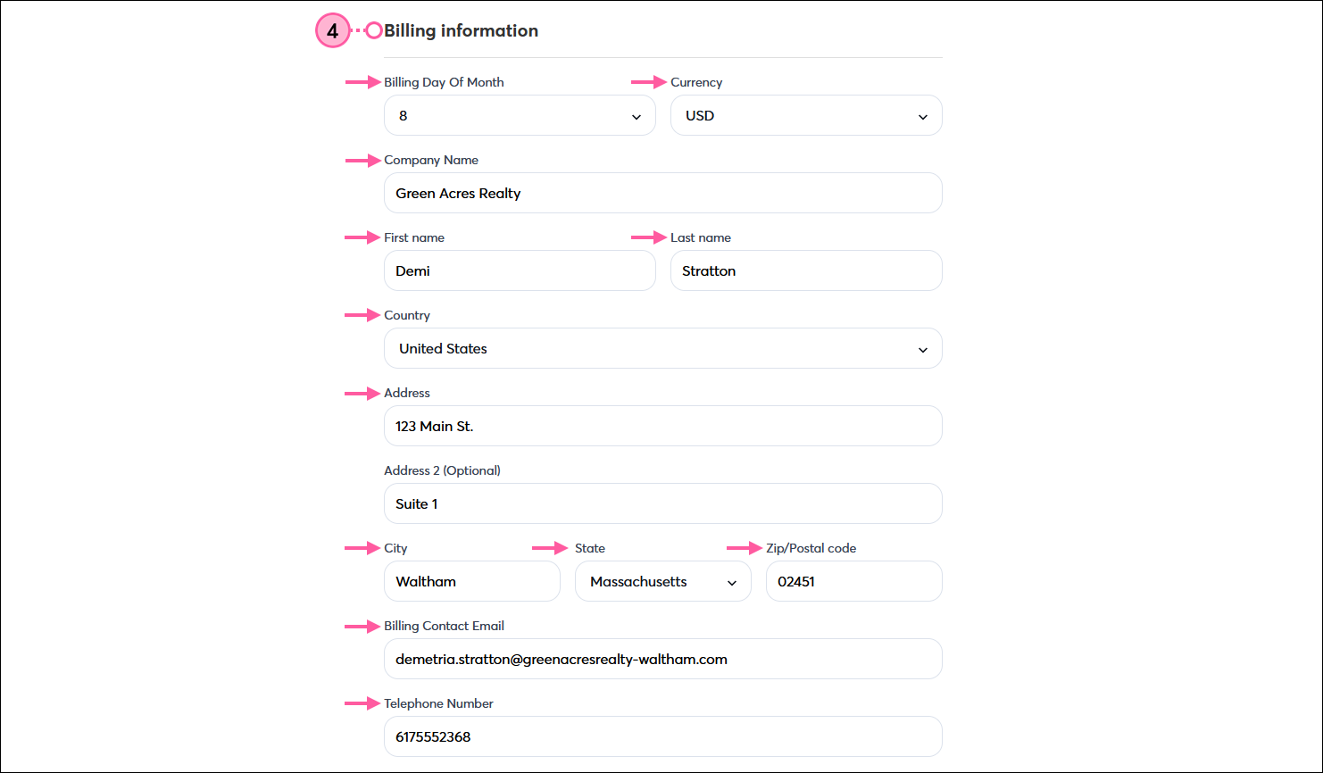Single Bill Billing information section with Billing Day of Month and Currency drop-down menus, Company Name field, First name and Last name fields, Country drop-down menu, Address fields, Billing Contact Email field, and Telephone Number field