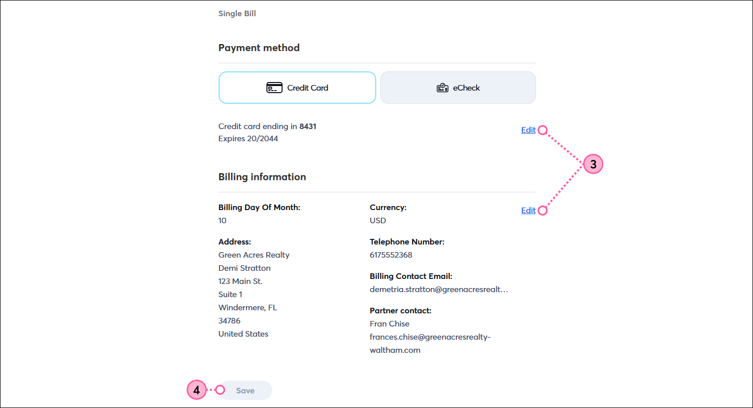 Single Bill page with Payment method section and Edit option, Billing information section with Edit option, and Save button