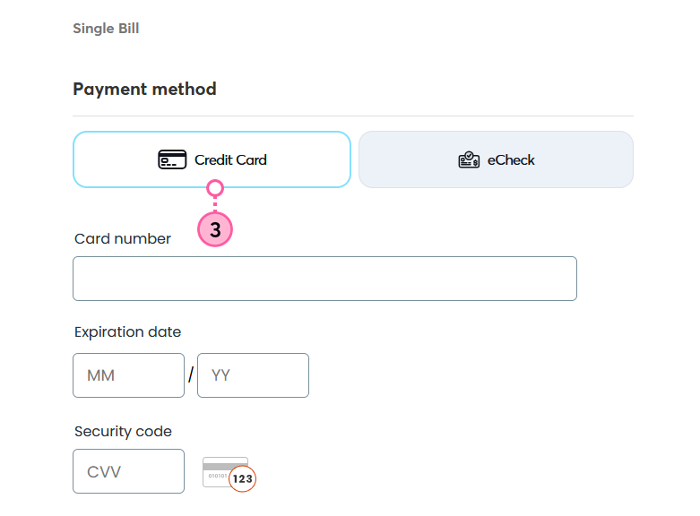 Single Bill page with Credit Card payment method selected and Card number field, Expiration date fields, and Security code field