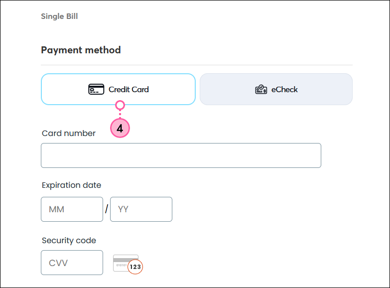 Single Bill page with Credit Card payment method selected and Card number field, Expiration date fields, and Security code field