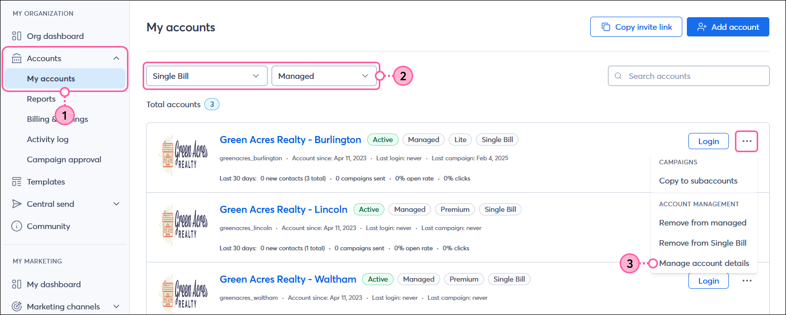 MY ORGANIZATION menu with Accounts menu expanded and My accounts option selected, My accounts page with Status drop-down menu and Single Bill option selected and Account type drop-down menu and Managed option selected, Active account with menu expanded and Manage account details option selected