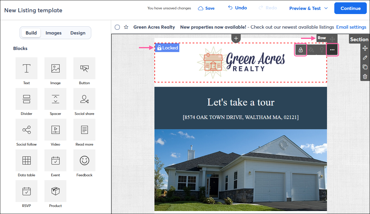Email editor with logo image within a locked row, row menu expanded with Unlock icon