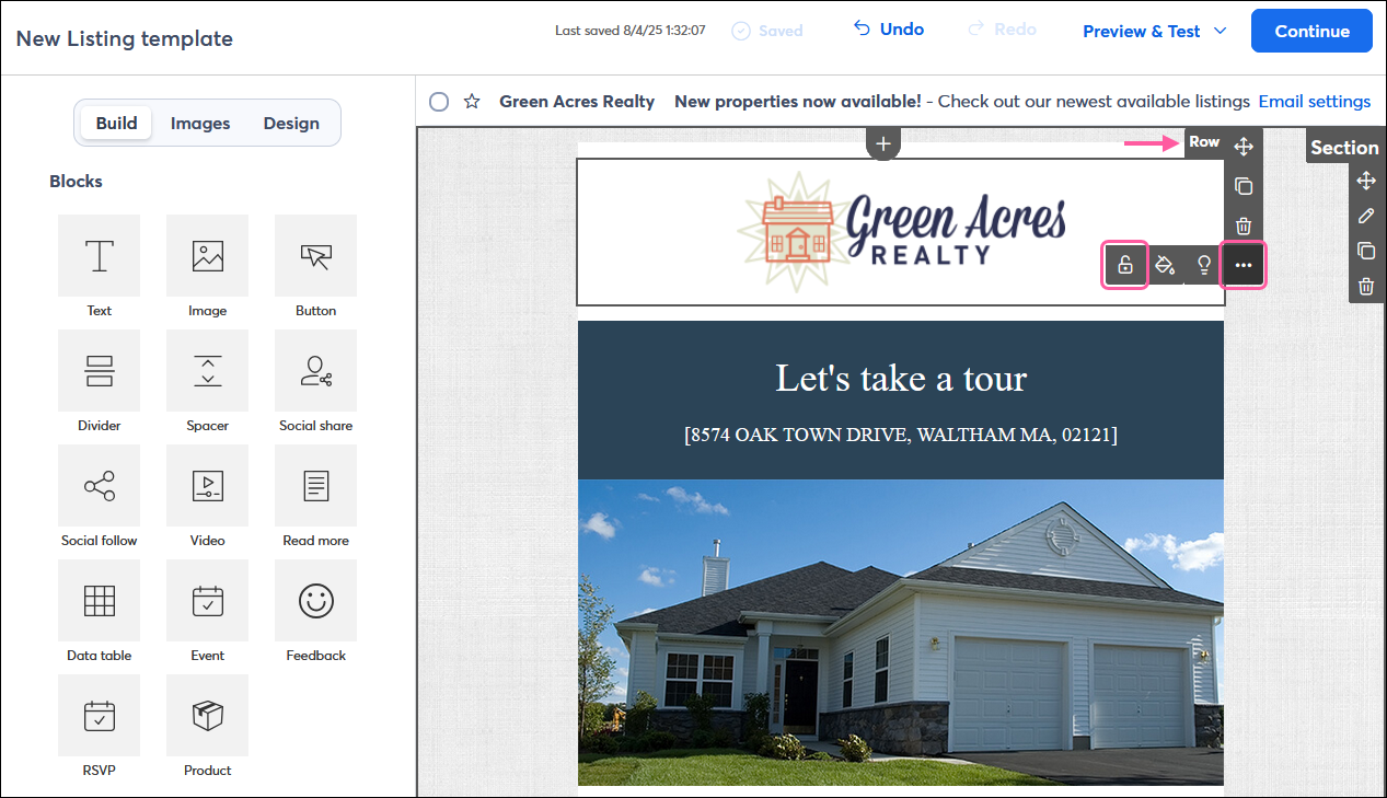 Email editor with logo image within a row, row menu expanded with Lock icon