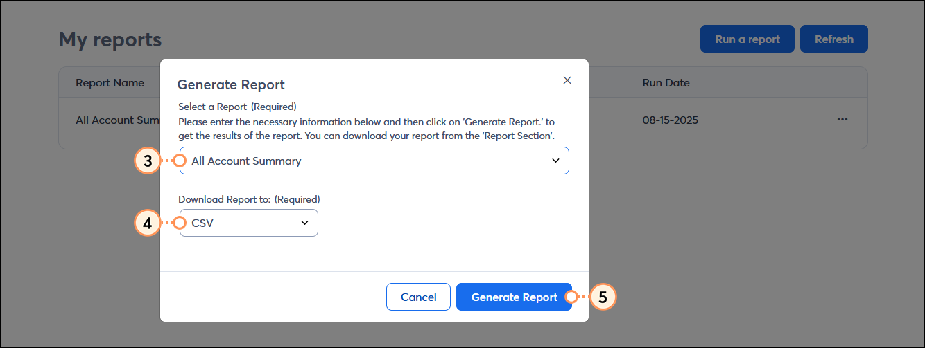 Generate Report overlay with Select a Report drop-down menu and Managed Account Details option selected, Download Report to option with XLS option selected, and Generate Report button