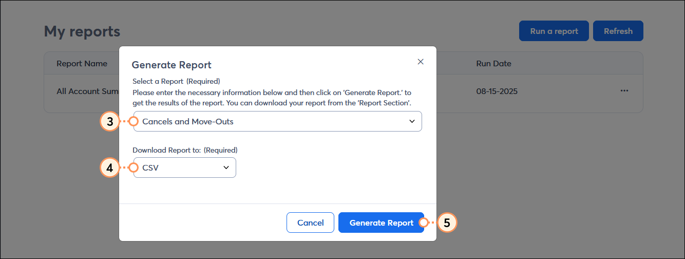 Generate Report overlay with Select a Report drop-down menu and Cancels and Move-Outs option selected, Donwload Report to drop-down menu with CSV option selected, and Generate Report button