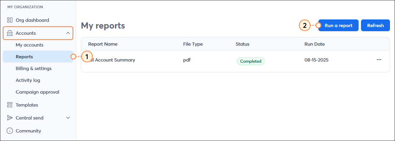 MY ORGANIZATION menu with Accounts menu expanded and Reports option selected, My reports page with Run a report button