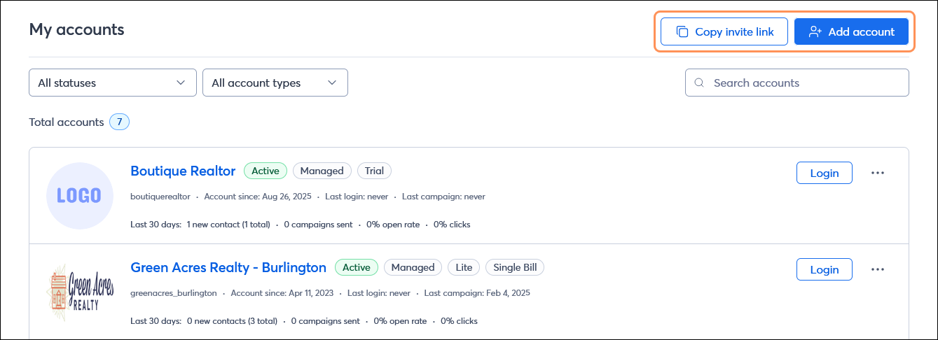 My account page with Copy invite link button and Add account button in upper right-hand corner
