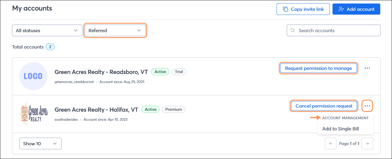 My accounts page with Referred status selected and total accounts list, referred accounts with Request permission to manage button, Cancel permission request button, and referred account menu expanded with Add to Single Bill option