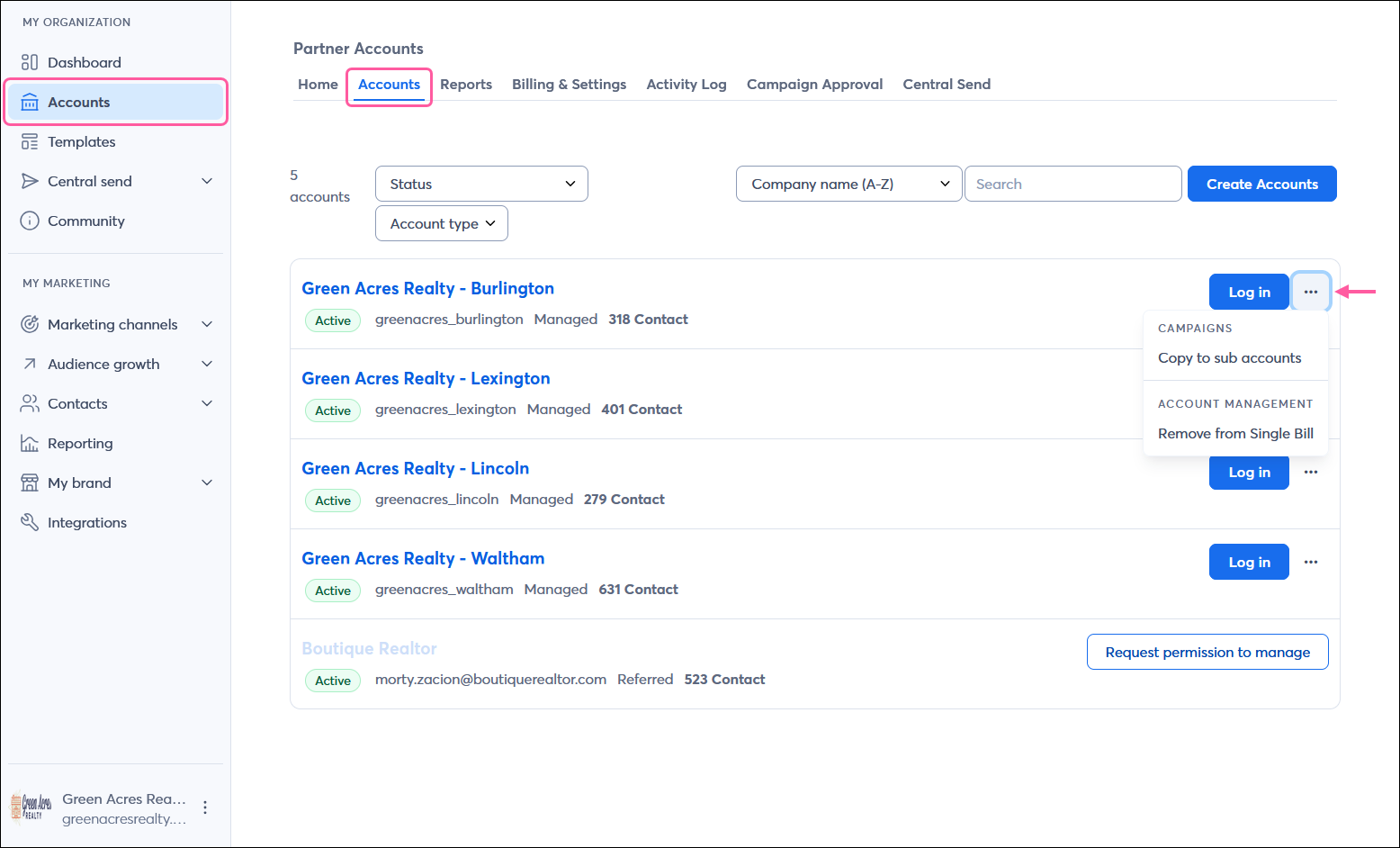 Partner account with MY ORGANIZATION menu and Accounts tab selected, and list of managed and referred accounts