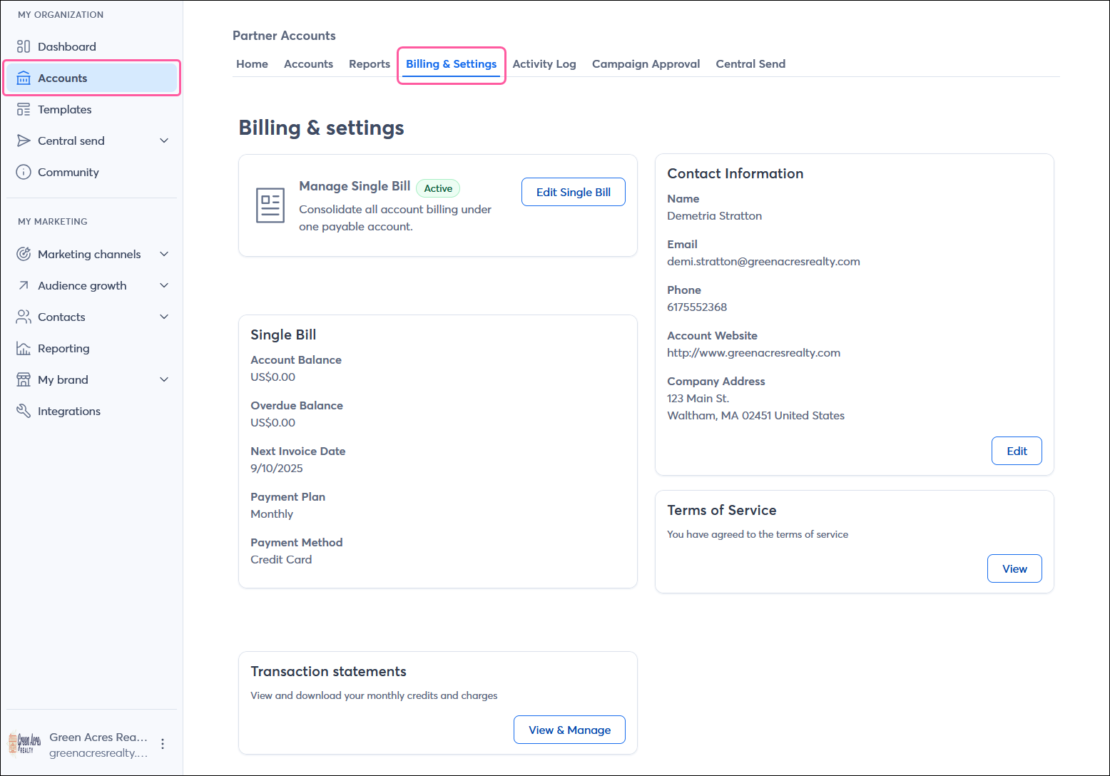 Partner account with MY ORGANIZATION menu and Accounts tab selected, and Billing and Settings tab selected with Manage Single Bill section, Contact information section, Single Bill section, Terms of Service section, and Transaction statements section