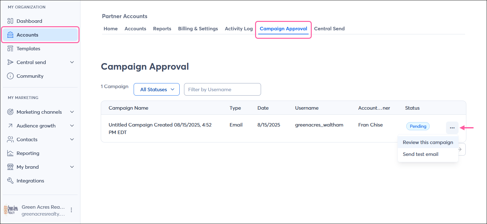 Partner account with MY ORGANIZATION menu and Accounts tab selected, and Campaign Approval tab selected with pending campaign and campaign menu expanded