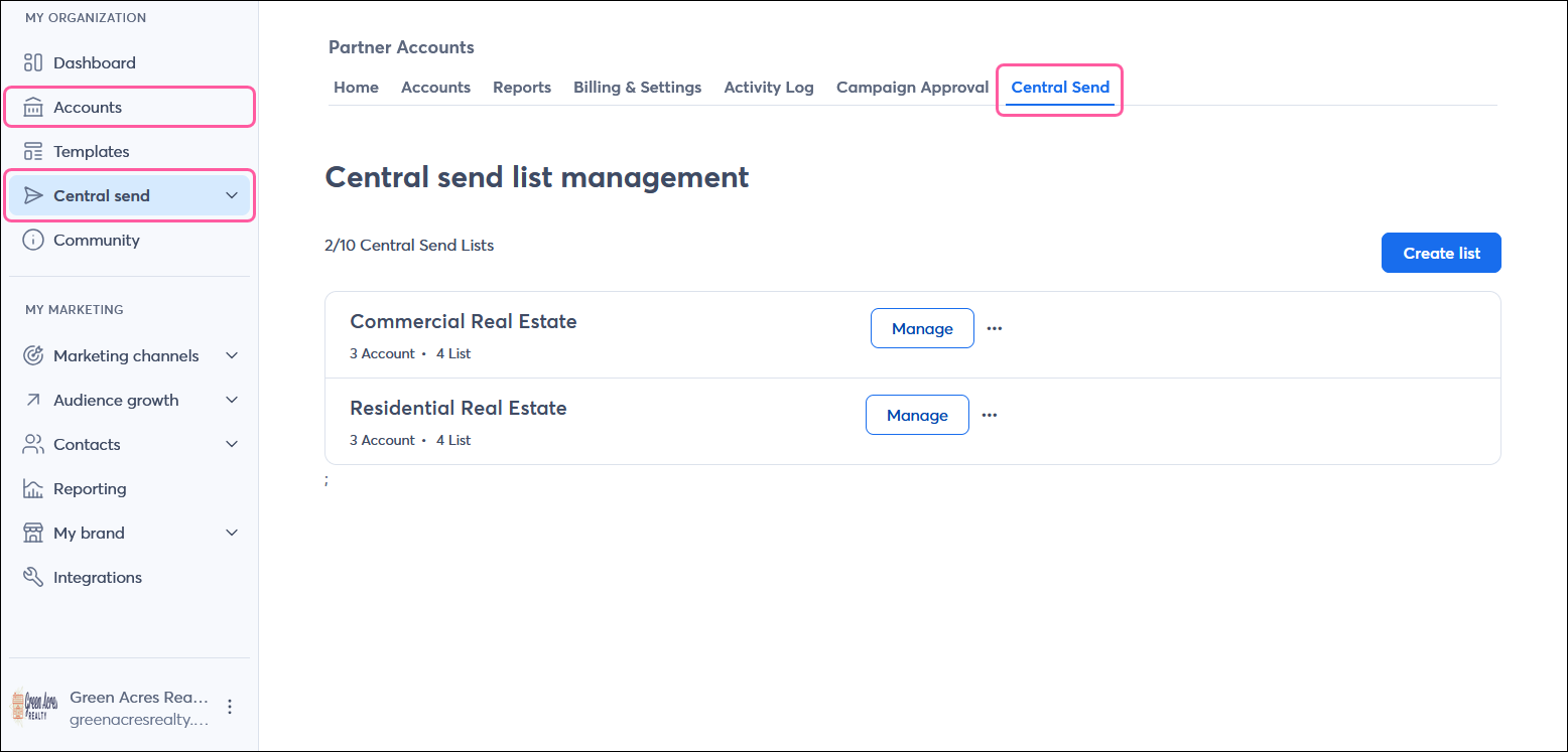 Partner account with MY ORGANIZATION menu and Accounts and Central send tabs, and Central Send tab selected