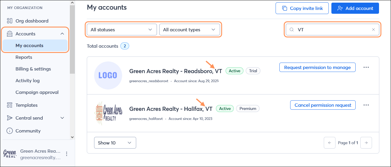 MY ORGANIZATION menu with Accounts menu expanded and My accounts option selected, All statuses drop-down menu, All account types drop-down menu, and Search field with search results