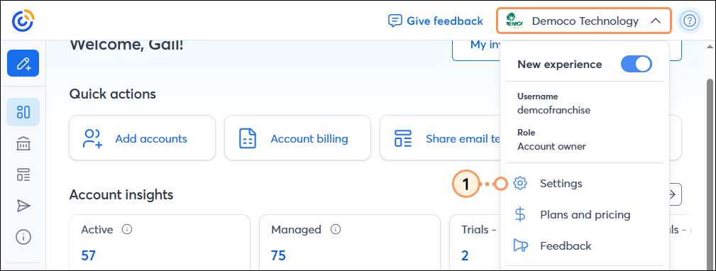 Account owner menu expanded and Settings option selected