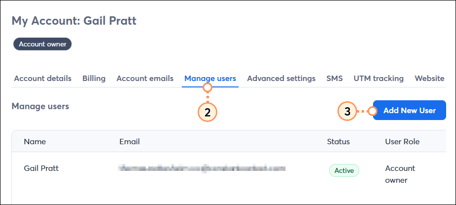 Manage users tab selected, and Add New user button