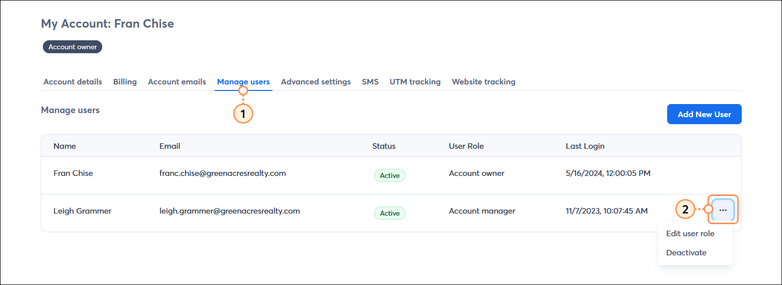 Account settings with Manage users tab selected, Manage users table with active user menu expanded and Edit user role and Deactivate options