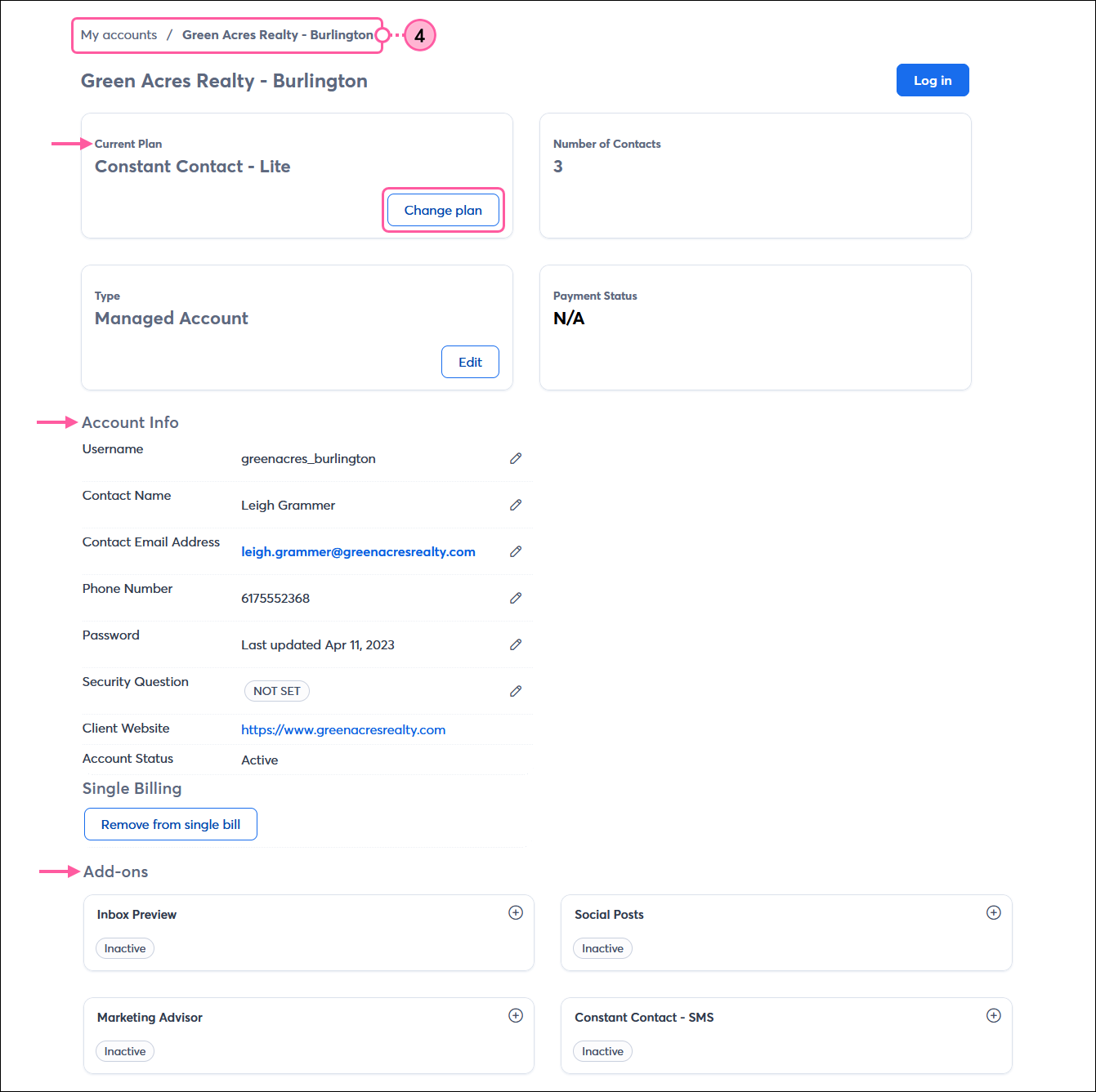 My accounts page with child account information, Change plan button, Account info section, and Add-ons section